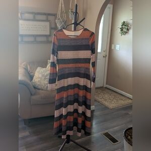 Striped Long Sleeve Midi Dress in Rust, Gray & Cream NWOT